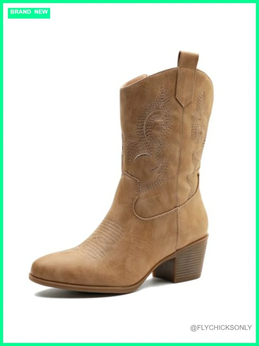 Women's Mid Calf Western Cowgirl Boots with Chunky Low Heel and Side Zipper